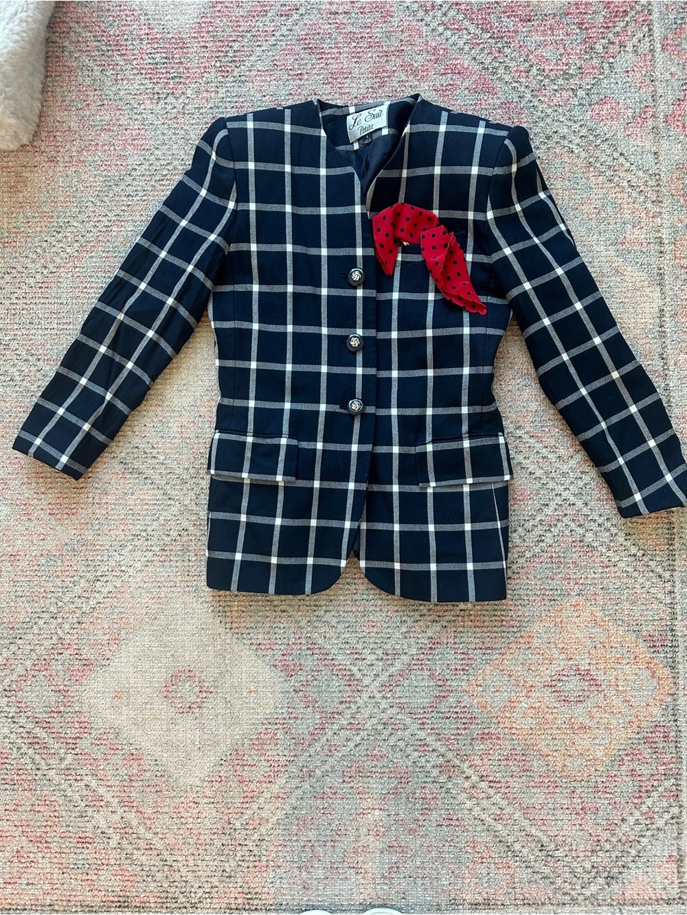 Vintage Le Suit 4P (fits like a 0P/2P) Navy and White Plaid Blazer